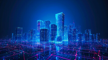 A cityscape is shown in blue with a lot of lights. The city is lit up and he is futuristic