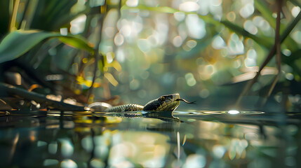 A captivating shot of a snake gracefully gliding across a tranquil body of water, its reflection...