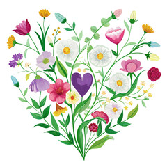 Heart of watercolor flowers of wild carnations, bell flowers and daisies