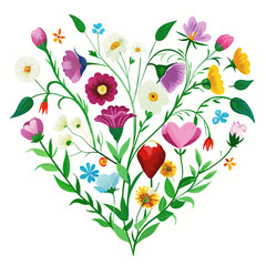 Heart of watercolor flowers of wild carnations, bell flowers and daisies