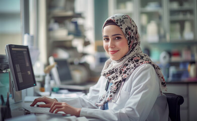 Confident female doctor wearing hijab smiles at camera in hospital ward working on professional computer in modern  healthcare facility. Middle East healthcare concept image.