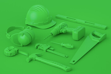 Isometric view of monochrome construction tools for repair on