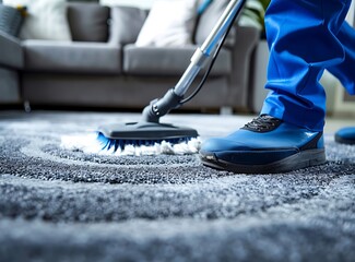 A stock photo of a carpet cleaning service in action, focused on the worker's leg 