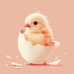 Digital illustration of a charming chick peering out from a cracked eggshell against a soft pastel background.. - obrazy, fototapety, plakaty