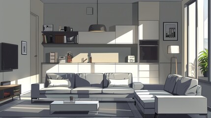 Fototapeta na wymiar Illustrate a modern apartment interior with minimalist furniture