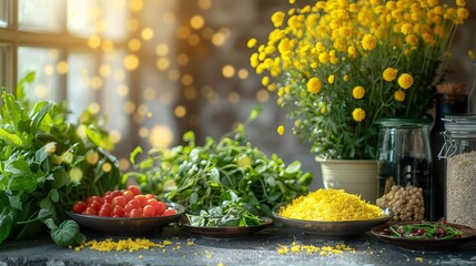   A table laden with bowls of food Nearby, a vase brimming with yellow flowers and a pot teeming with similar blooms