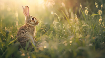 A charming rabbit sitting amidst a field of tall grasses, with dappled sunlight creating a magical atmosphere, presenting a tranquil scene with abundant copy space and a softly blurred background