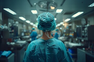 Doctora vistiendo gorro y ropa quirurgica azul entrando en un area  critica como quirofano o  terapia intensiva. Vista de espaldas al fondo personal de salud y mobiliario del hospital.





