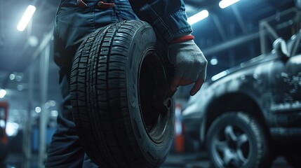 Car mechanic is holding tire in hand and is ready for changing tires. copy space for text. - obrazy, fototapety, plakaty