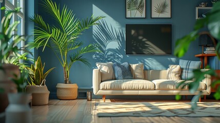 Illustrate a modern apartment with palm tree elements