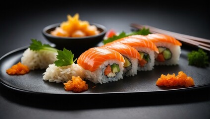 A tantalizing display of sushi with salmon, rice, and avocado, garnished with parsley and tobiko on a sleek dark plate