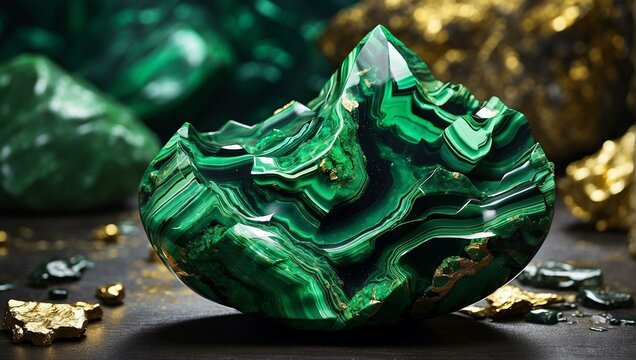 A strikingly vibrant and polished malachite stone with shimmering gold flakes on a dark backdrop