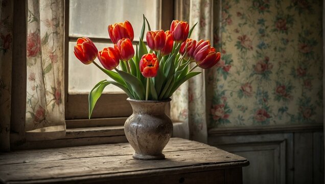 Bunch of bright orange tulips arranged in a weathered vase on a wooden table by an antique window