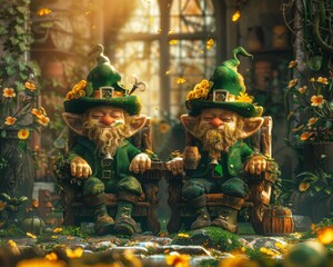 Leprechauns converse in ancient languages, hiding their hoarded wealth with cybersecurity in levitating, photosynthetic furniture realms - obrazy, fototapety, plakaty