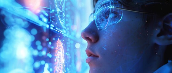 Medical student exploring a virtual anatomy platform, cool blue light, eye level perspective, in a modern anatomy education setting