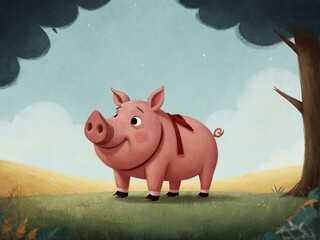 This digital art depicts an adorable, rosy pink pig standing happily in a lush green field under a blue sky