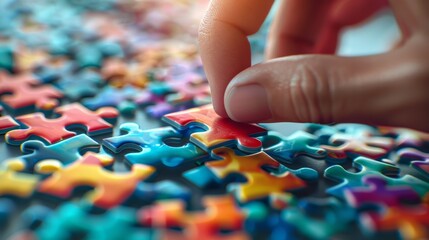 One person completing a jigsaw puzzle, hand in focus, colorful pieces, side angle, signifying solution and success - obrazy, fototapety, plakaty