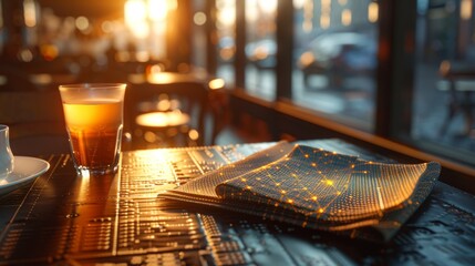 Neural network patterned napkins on a tech themed cafe table, soft daylight, high angle, amidst smart devices - obrazy, fototapety, plakaty
