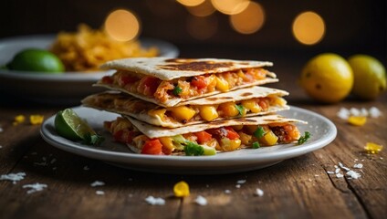 Delicious cheesy quesadillas stacked with fresh cut vegetables and lime, served on a white plate with enticing background - obrazy, fototapety, plakaty