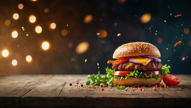 Mouth-watering image of a juicy burger with flying ingredients and vibrant colors set against a bokeh background