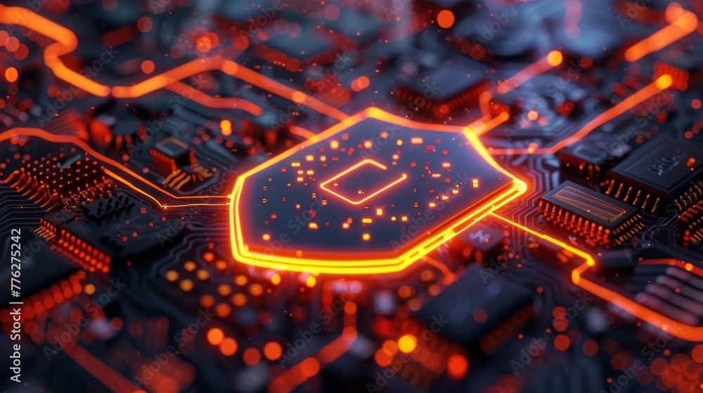 Poster a circuit board featuring a shield icon, illuminating the power of cybersecurity firewalls against c