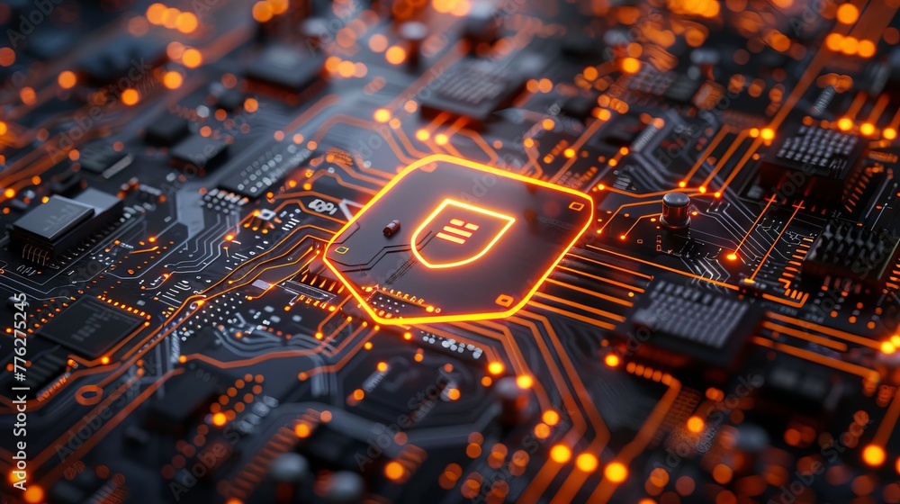 Poster a circuit board featuring a shield icon, illuminating the power of cybersecurity firewalls against c