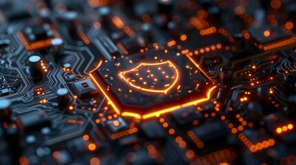 A circuit board featuring a shield icon, illuminating the power of cybersecurity firewalls against cyber threats