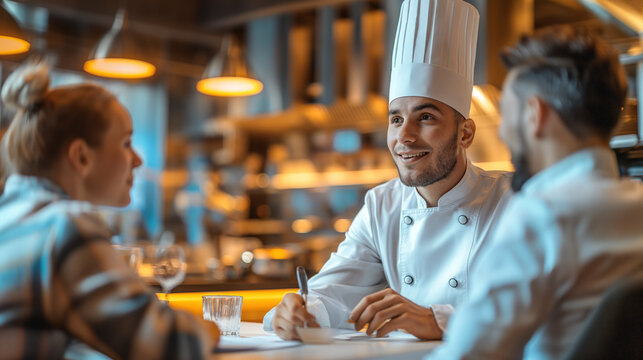 Professional Chef Discussing Menu with Colleagues in Modern Restaurant