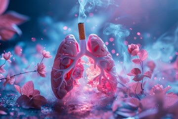 Artistic representation of quitting smoking as the heros journey, with a single discarded cigarette leading the path to a vibrant depiction of healthy lungs, underscored by icons of wellness and longe - obrazy, fototapety, plakaty