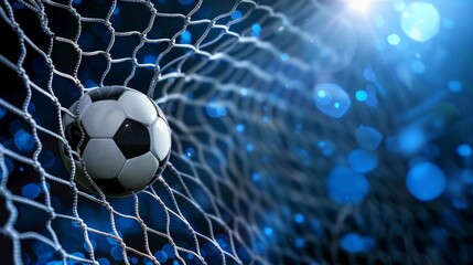 Fototapeta na wymiar Football soccer ball on football play, flying ball net over blue background with copy space, goal concept