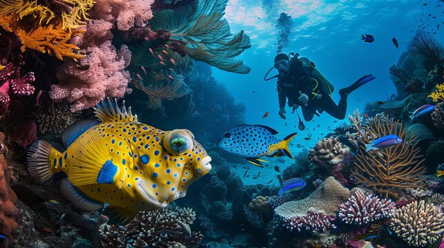 Scuba divers explore an underwater coral reef, where a yellow and blue pufferfish visits a cleaning station inhabited by two blue cleaner wrasses.