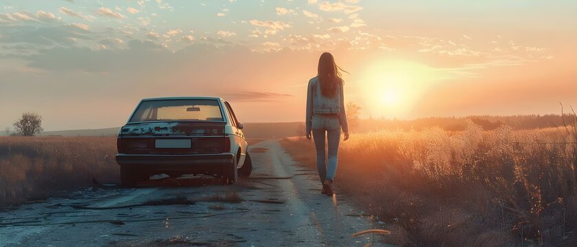 Young woman pushing a car that has broken down on the side of the road. Concept Photo shoot, car breakdown, girl power, roadside assistance, problem-solving,