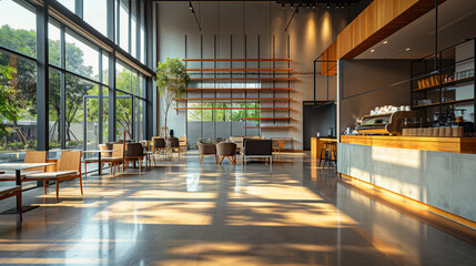Modern Café Interior with Sunlight and Contemporary Furniture Design