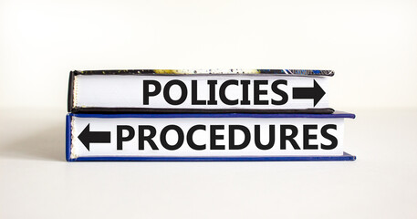 Procedures and policies symbol. Concept word Procedures Policies on beautiful books. Beautiful white table white background. Business procedures and policies concept. Copy space