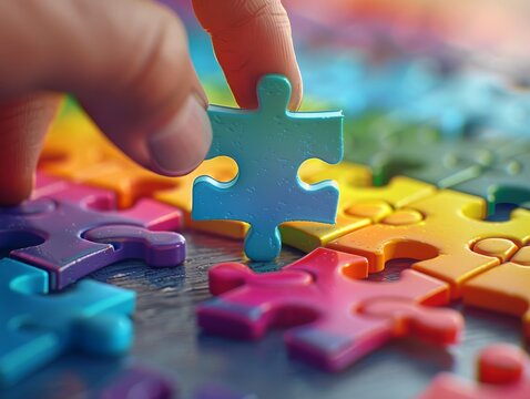 Close up of a hand fitting the final puzzle piece, symbolizing the finishing touch, bright colors, with a blurred box in the background