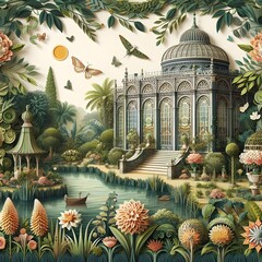 A Victorian botanical garden in layered paper style.
 - obrazy, fototapety, plakaty