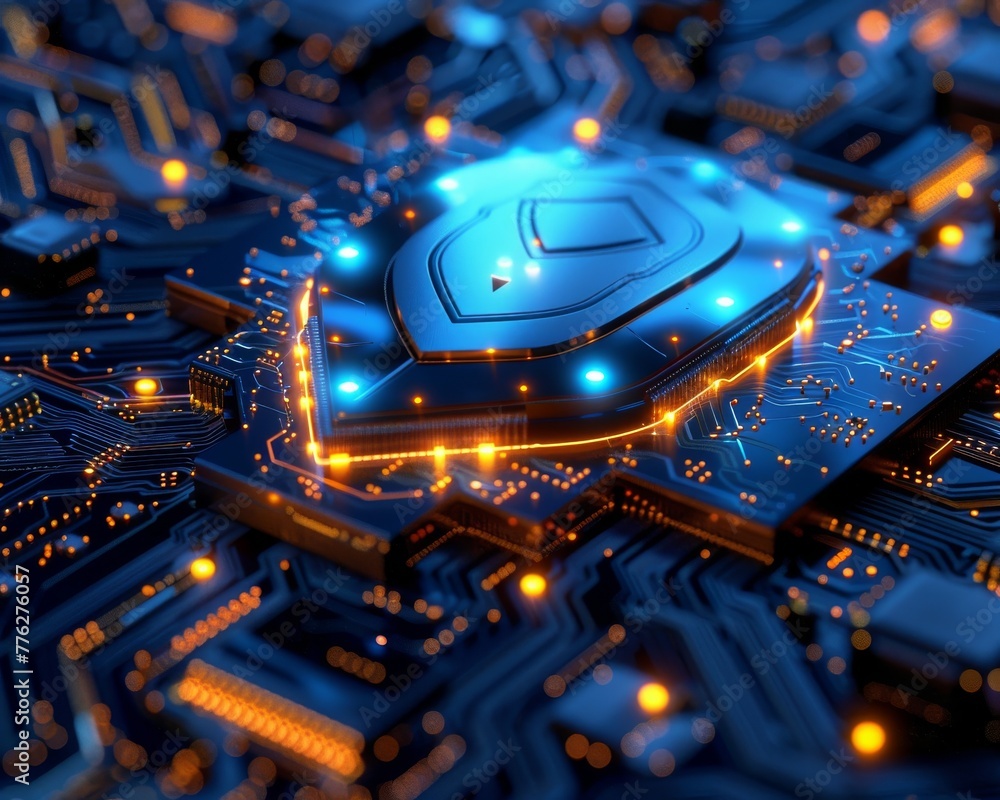Poster digital illustration of a cybersecurity shield hovering over a circuit board, representing a firewal