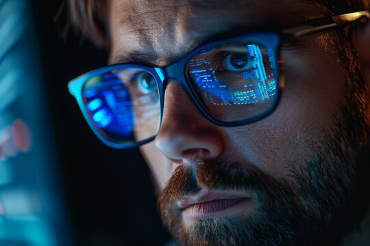 Developer coding an API for secure online payments in banking, cool blue screen light, over the shoulder view, with lines of code visible