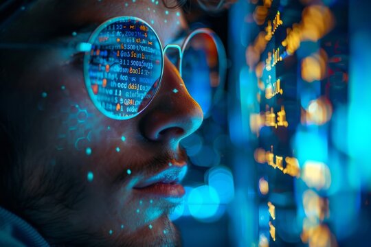 Developer coding an API for secure online payments in banking, cool blue screen light, over the shoulder view, with lines of code visible