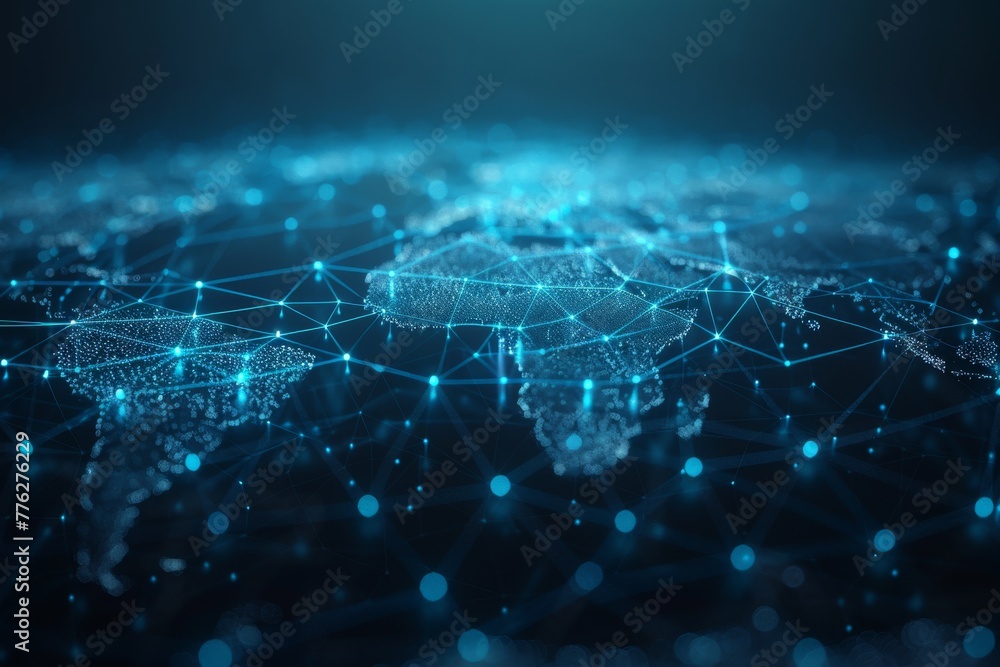 Poster global network concept with continents linked by lines, ambient blue light, representing a worldwide