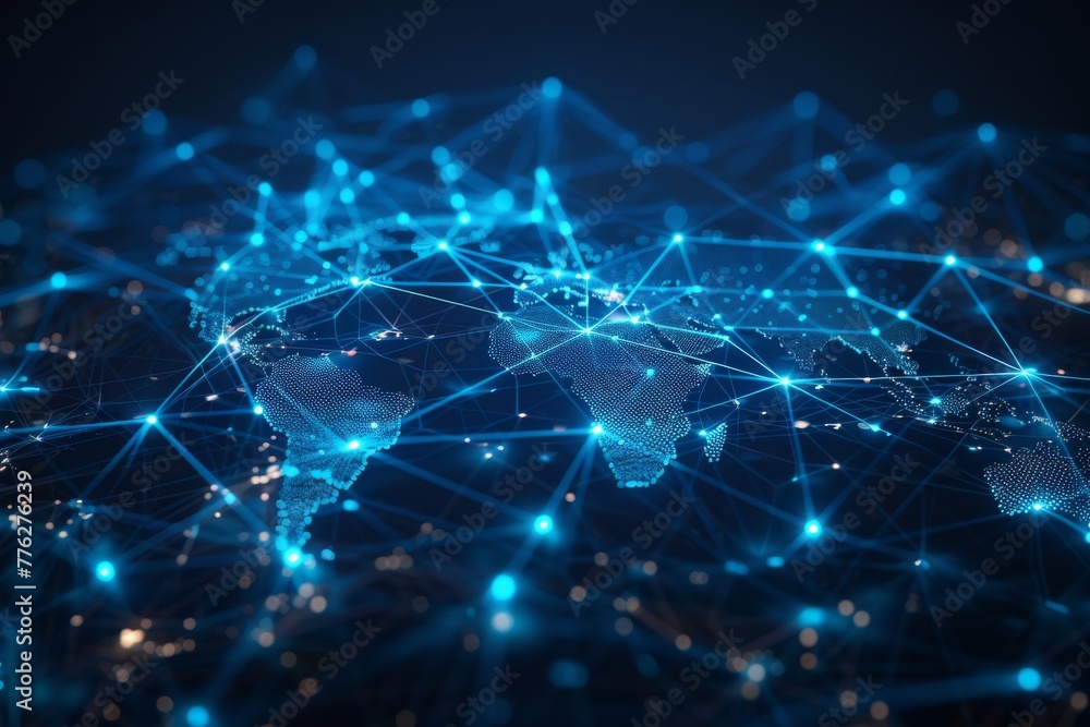 Poster global network concept with continents linked by lines, ambient blue light, representing a worldwide