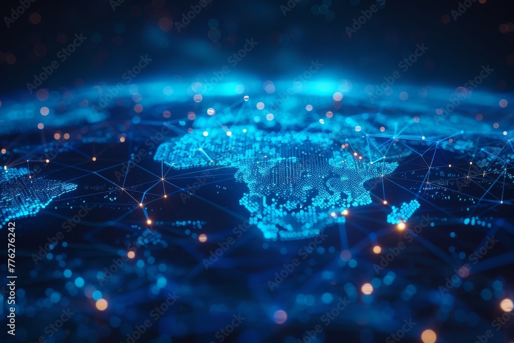 Poster global network concept with continents linked by lines, ambient blue light, representing a worldwide