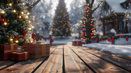 A Cozy Christmas Scene: Close-Up with Tree, Gifts, and Winter Wonderland
