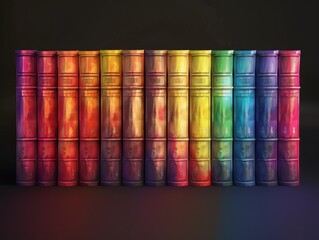Illustration of 12 identical books with vibrantly colored blank spines, arranged neatly in a row - obrazy, fototapety, plakaty