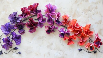   A group of purple and red flowers lies atop a white surface, with a white wall as the backdrop