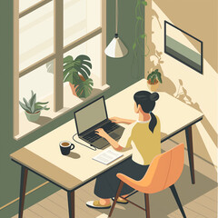 在宅ワーク。自宅の居間ででパソコンで仕事をする女性