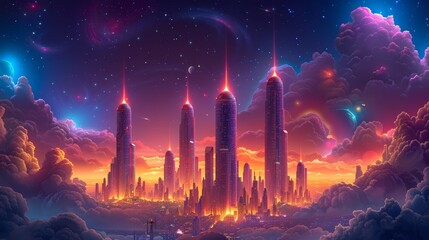   A futuristic city painting, encircled by clouds and stars in the night sky, aglow with bright lighted skyscrapers