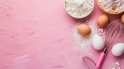 Flat lay cooking food composition of ingredients for baking homemade pie and utensils for making dough on pink horizontal background with copy space.