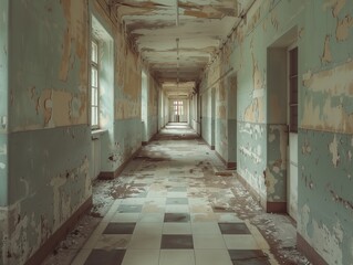A long corridor in an old hospital building with shabby blue walls