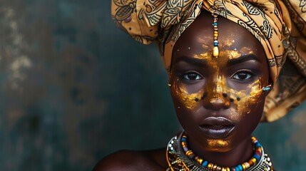 Stunning African beauty with golden skin and intricate jewelry. Her painted face and head turban...